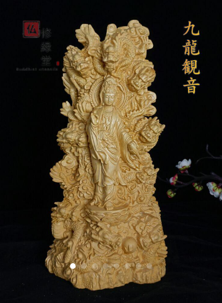 仏教工芸品 総楠製 一刀彫 極上彫 木彫仏像 九龍観音菩薩立像