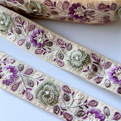 【50cm】インド刺繍リボン　アイボリーxカーキ　シルク　SS510 5枚目の画像
