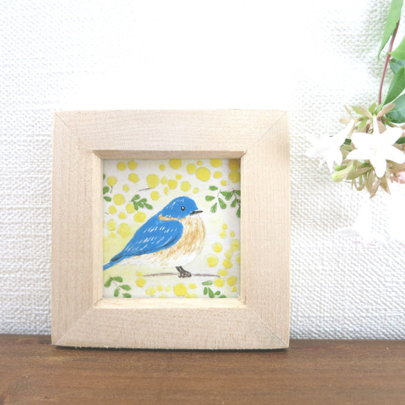 【日本画ポスター】春を告げるミモザと幸せの青い鳥　絵画　ミニ額付き　インテリアアート　　 3枚目の画像