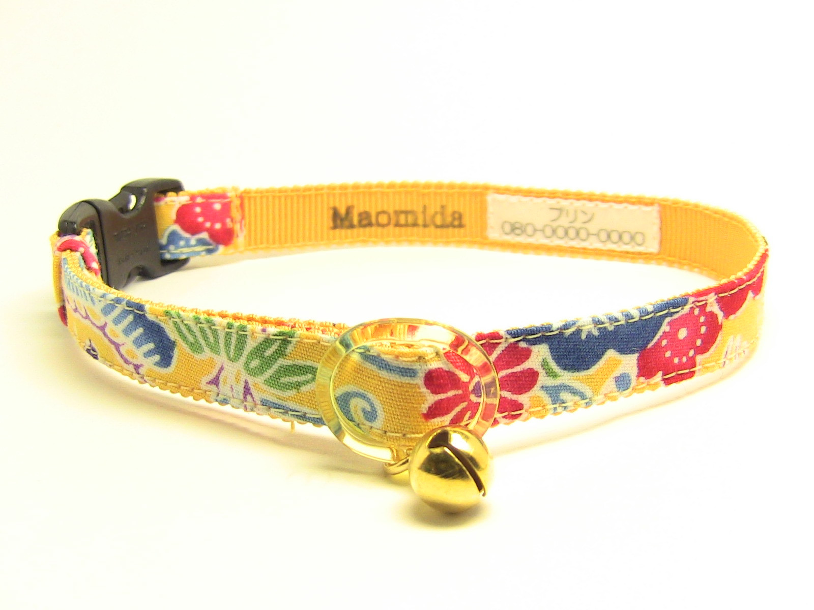 黄色フラワー(①)わんちゃん猫ちゃん用襟付き首輪 リボン付き猫首輪【黄色ドット×ストライプ花柄】