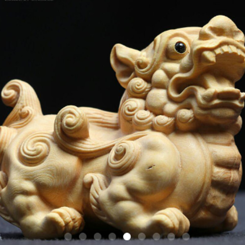 極上品 木彫り 鎮宅置物 1セット 麒麟 神獣 柘植材 精密彫刻 F 彫刻 木