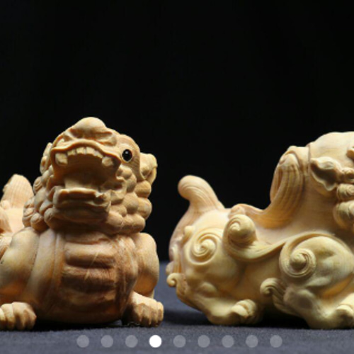 極上品 木彫り 鎮宅置物 1セット 麒麟 神獣 柘植材 精密彫刻 F 彫刻 木