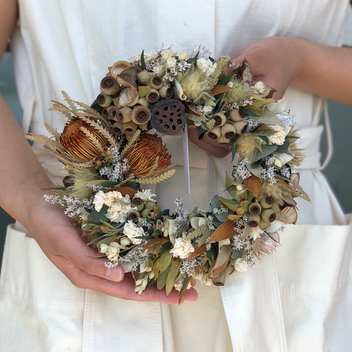 Sサイズ】アンティーク風 オレンジ ドライフラワーリース カフェ風