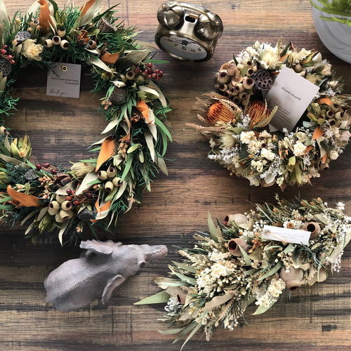 Sサイズ】アンティーク風 オレンジ ドライフラワーリース カフェ風