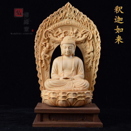 最高級 木彫仏像 釈迦如来座像 釈迦牟尼仏 彫刻 一刀彫 天然木檜材 F 