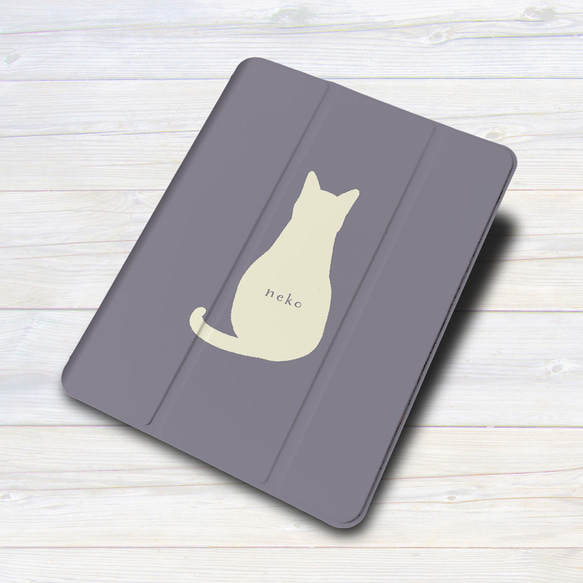 iPadケース ★ネコホワイト・パープル 手帳型ケース ※2タイプから選べます 3枚目の画像