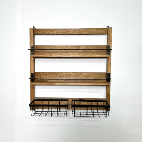 ワイヤーカゴ付き壁掛けラック スパイスラック ラック 棚 収納 飾り棚