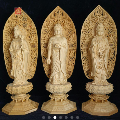 最高級 木彫り 仏像 阿弥陀三尊 彫刻 一刀彫 天然木檜材 仏教工芸品 D