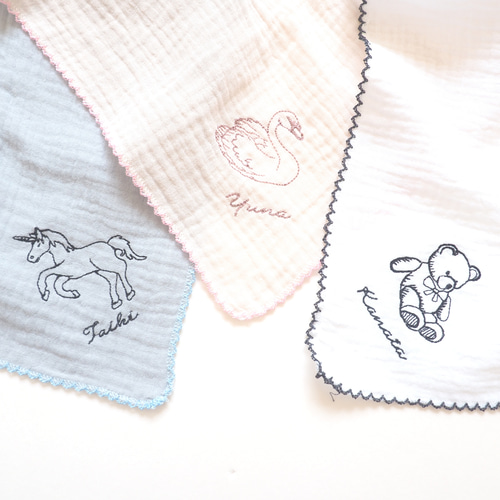 名入れ】動物刺繍ガーゼハンカチ/出産準備出産祝いブランケットベビー