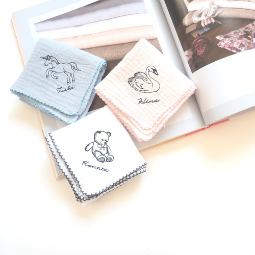 名入れ】動物刺繍ガーゼハンカチ/出産準備出産祝いブランケット