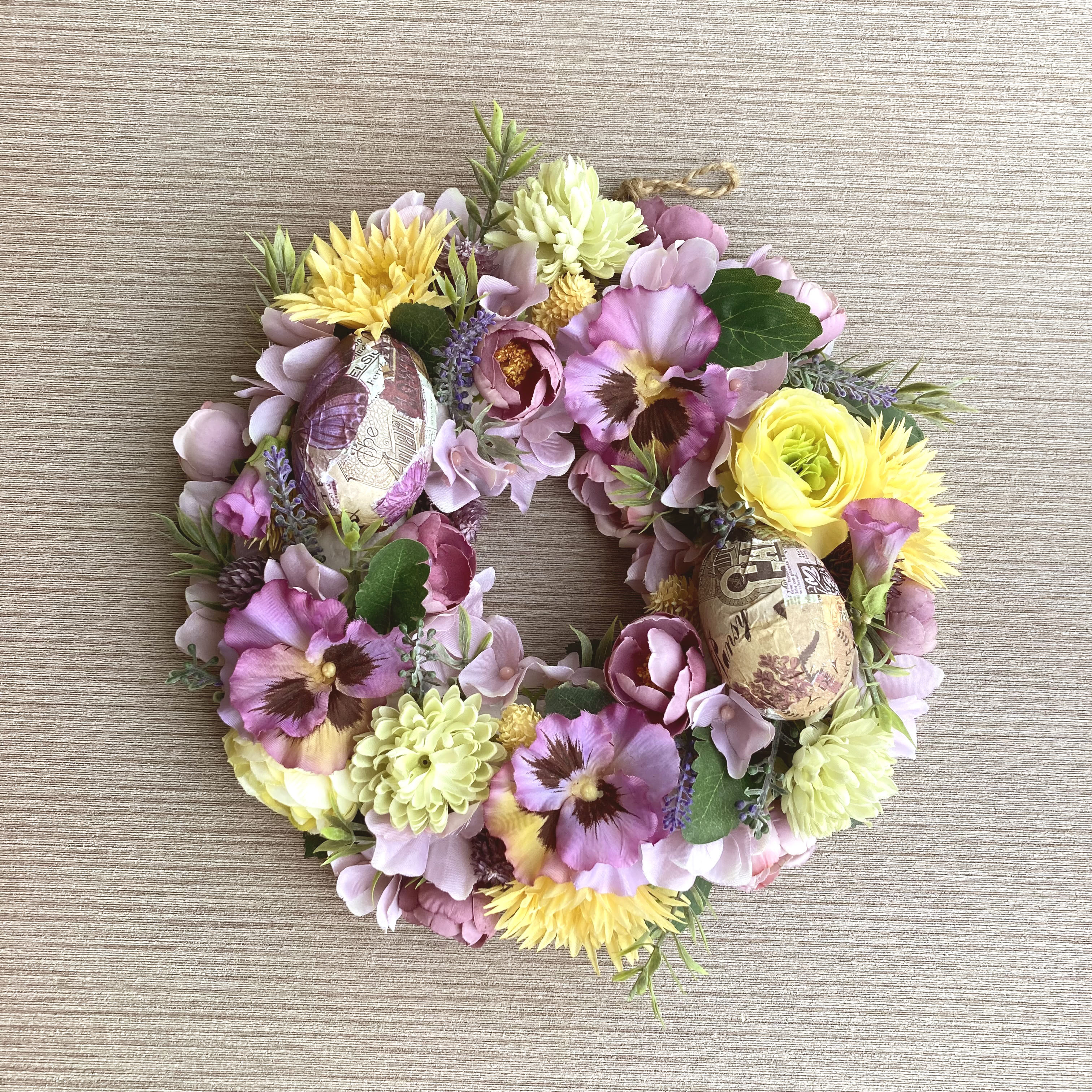 一点物【春リース】お花たっぷり アンティークエッグのイースターリース　２６cm