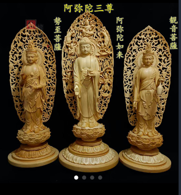 最高級 木彫仏像 阿弥陀三尊立像 彫刻 一刀彫 天然木檜材 仏教工芸 D