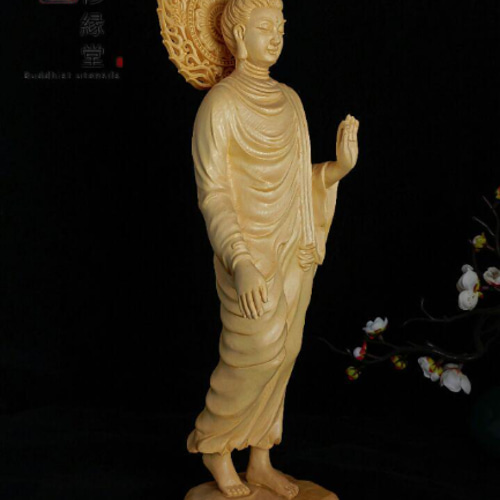 木彫り 仏像 釈迦如来立像 釈迦牟尼仏 彫刻 一刀彫 天然木檜材 F