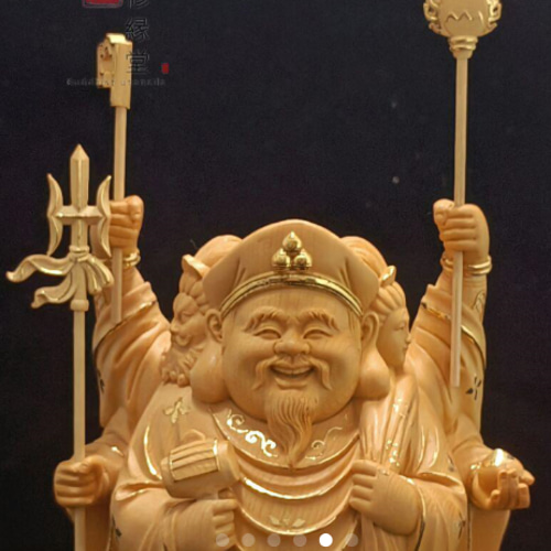 珍品 木彫り 仏像 七福神三面大黒天 本金 切金 彫刻 天然木檜材 A 彫刻