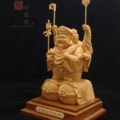 珍品 木彫り 仏像 七福神三面大黒天 本金 切金 彫刻 天然木檜材 A 彫刻