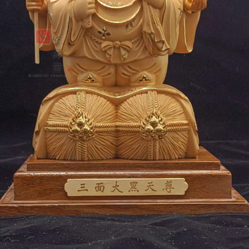 R606 木彫り 仏像 七福神 大黒天 立像 財神 彫刻 一刀彫 天然木檜材 2体セット 珍品 木彫り 仏像 七福神三面大黒天 本金 切金 彫刻 天然木檜材 A 彫刻
