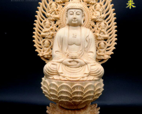 木彫り 仏像 釈迦如来座像 釈迦牟尼仏 彫刻 一刀彫 天然木檜材 G
