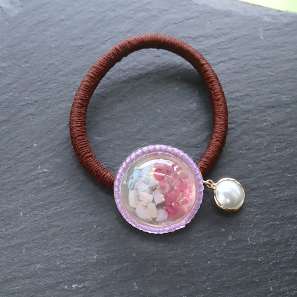 【十月生日石】粉紅電氣石蛋白石【石感】紫色珠子樹脂全像髮帶褐色天然 第8張的照片