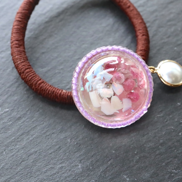 【十月生日石】粉紅電氣石蛋白石【石感】紫色珠子樹脂全像髮帶褐色天然 第4張的照片