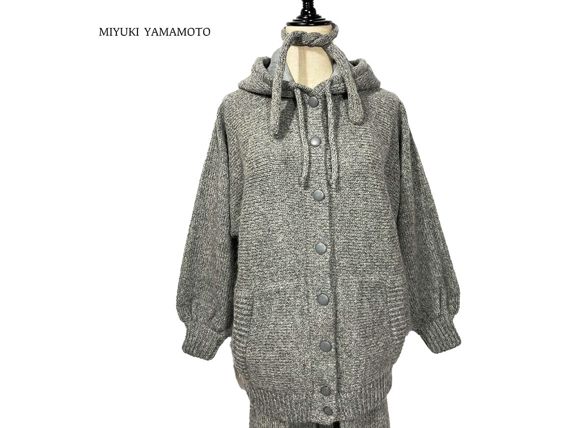 【アルパカツイード】フード付きニットジャケット（グレー） / １点物 / ニットウェア (No,495)