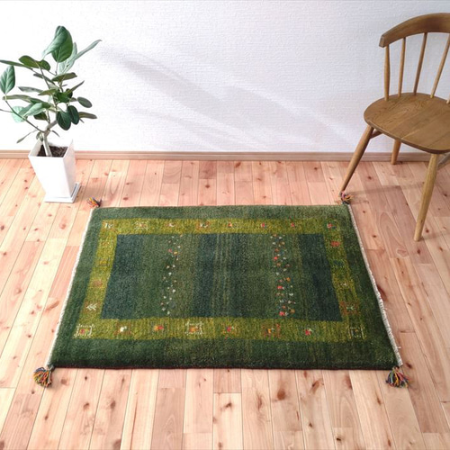 春のラグ祭り】ペルシャ ギャッベ グリーン 黄緑色 117x83cm 厚み2.4cm