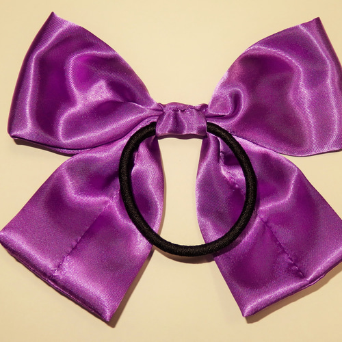 リボン ヘアゴム 紫 サテン 大きめ 発表会 着物 ビッグ コスプレ 防犯