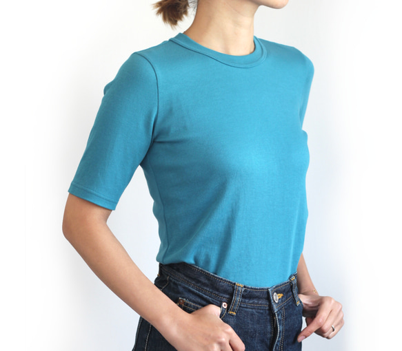 成人四分之一袖純色 T 卹綠松石藍色 [顏色和尺碼可選] 第1張的照片