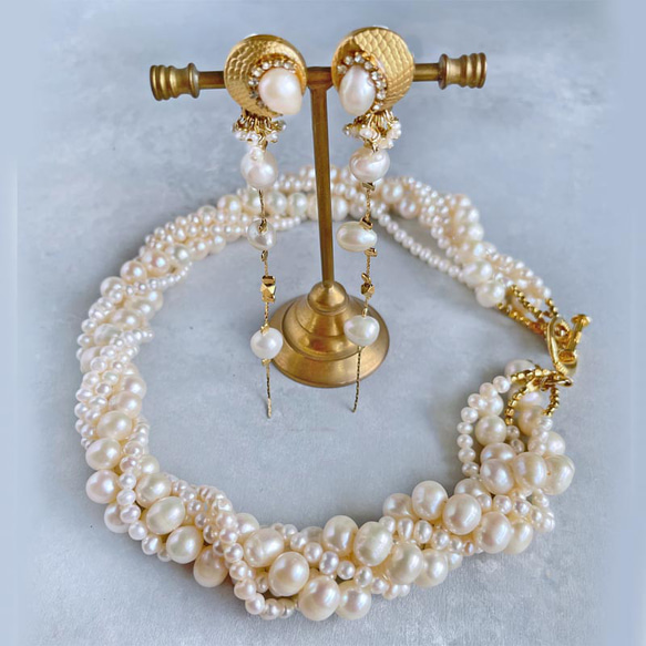 淡水珍珠長耳環/耳環 復古金色首飾耳環 耳環 搖曳長鏈 第4張的照片