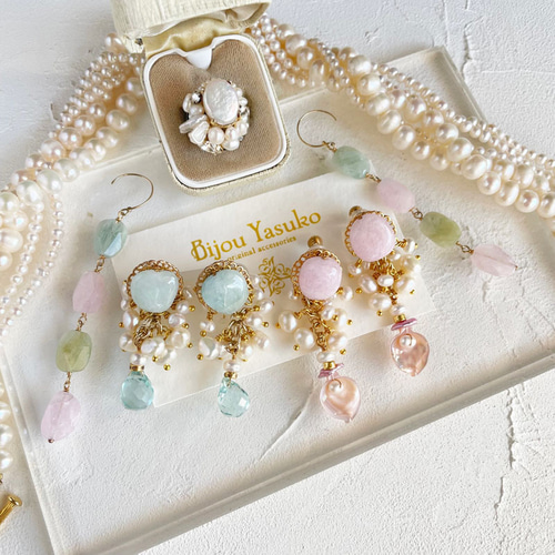 桜 春 ピンク モルガナイト 淡水パール ビジューピアス・イヤリング