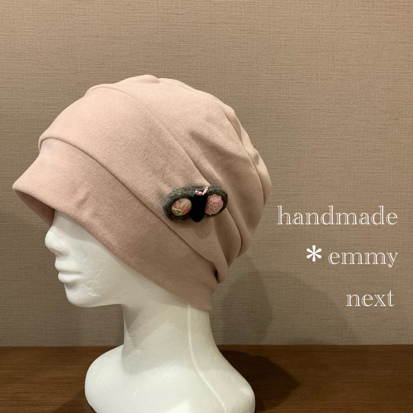 送料無料＊handmadeニットワッチキャップ・弱起毛pink〈取り外せるリバティ生地コサージュ付・papillon〉 3枚目の画像