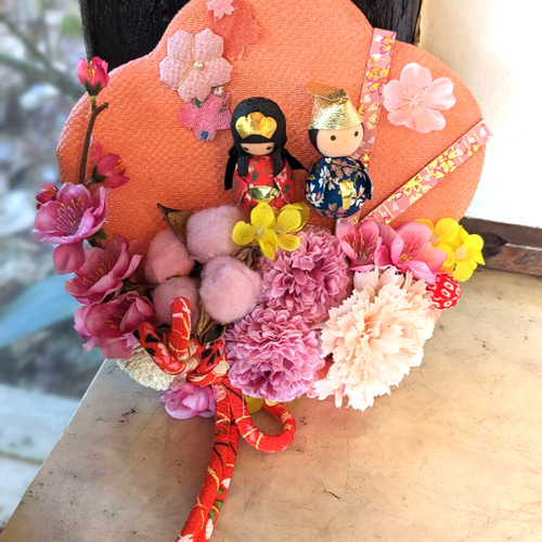 Further☆作品♡ 春待ち早春フラワーリース♡ 雛祭リース♡ひな祭り♡ 桃の花＆桜満開 ひな祭りリース プレゼント、お祝い ひな祭り