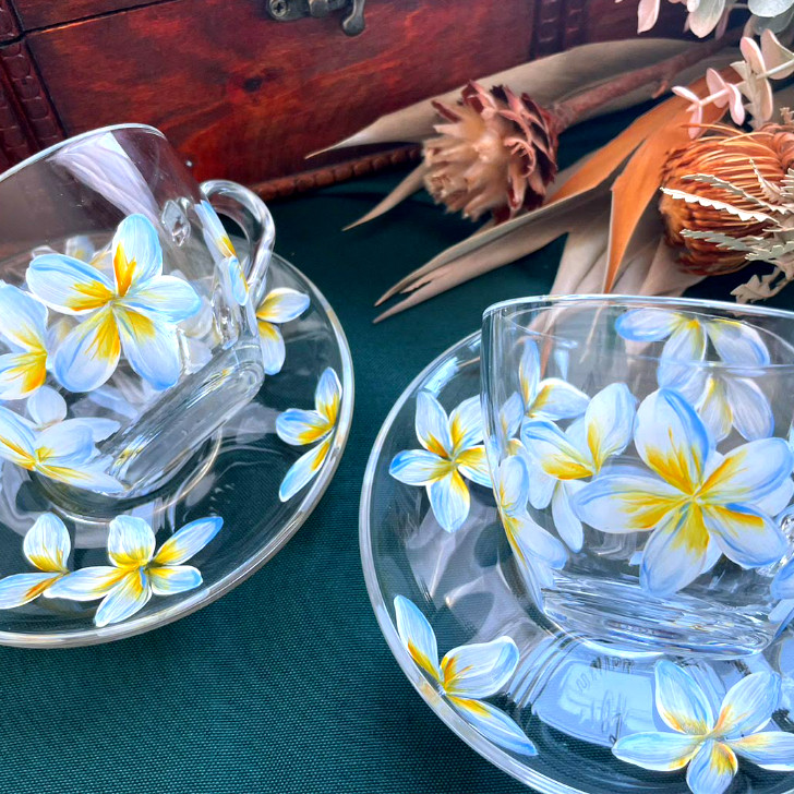 再販プルメリアガラスティータイムカップセット（同柄スプーン選択可能）