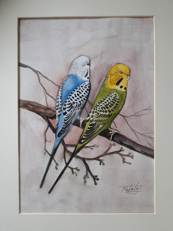 セキセイインコと猫 絵画