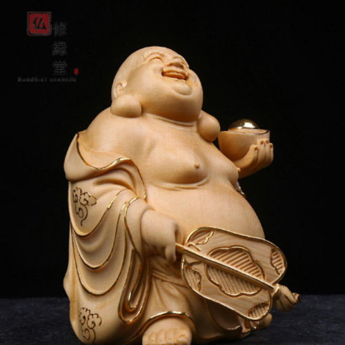 布袋様木彫り彫刻【黄金楠木彫】 極上品 木彫仏像 七福神 布袋様 彫刻 本金 切金 天然木檜材 F
