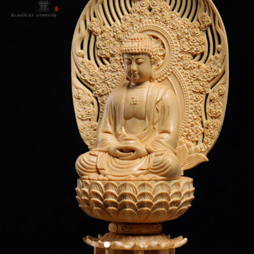 木彫り 仏像 釈迦如来座像 釈迦牟尼仏 彫刻 一刀彫 天然木檜材 F