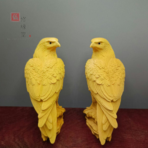 木彫り 動物置物 鳥 2点セット 彫刻 柘植材 職人手作 文遊び工芸 F