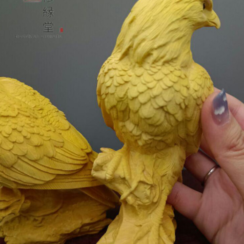 木彫り 動物置物 鳥 2点セット 彫刻 柘植材 職人手作 文遊び工芸 F