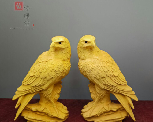 木彫り 動物置物 鳥 2点セット 彫刻 柘植材 職人手作 文遊び工芸 F