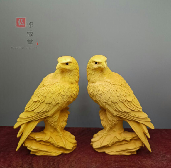 木彫り 動物置物 鳥 2点セット 彫刻 柘植材 職人手作 文遊び工芸 F