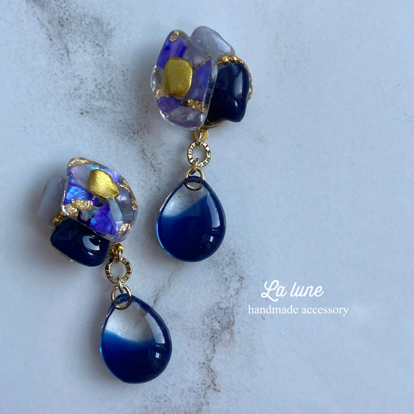 パープルPurple ♡ shell Parfait× Navy clear mini drop　ピアス・イヤリング 1枚目の画像