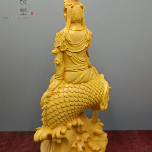 木彫り 仏像 鰲魚自在観音菩薩座像 彫刻 柘植材 ご利益 仏師で仕上げ F