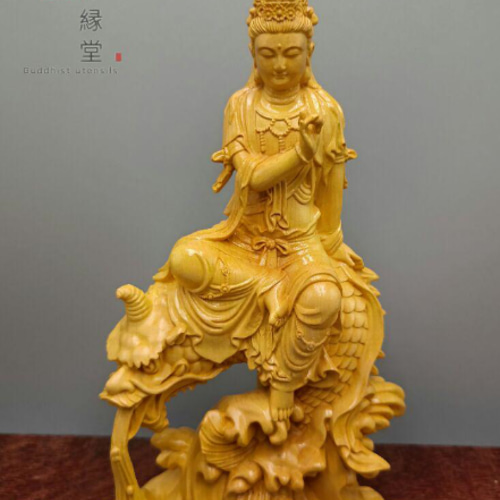 木彫り 仏像 鰲魚自在観音菩薩座像 彫刻 柘植材 ご利益 仏師で仕上げ F