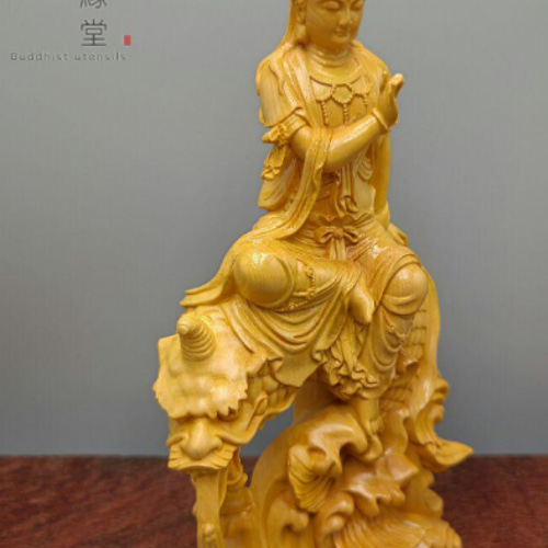 木彫り 仏像 鰲魚自在観音菩薩座像 彫刻 柘植材 ご利益 仏師で仕上げ F