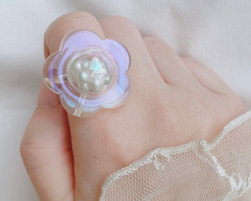 しゃかしゃかリング シャボン玉 ガラスドーム リング 指輪 お花