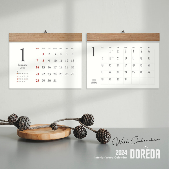 カレンダー 2024・シンプル 木製壁掛けカレンダー（A4サイズ-ヨコ） 1枚目の画像