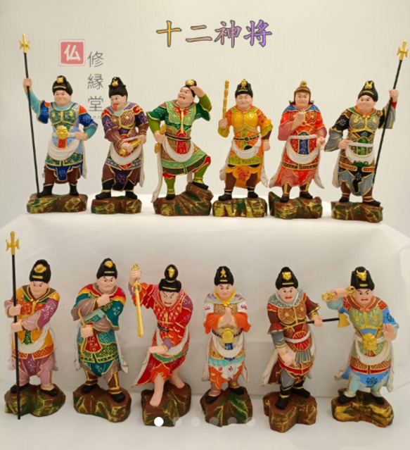 珍品 木彫仏像 十二神将立像一式 彫刻 彩繪 本金 切金 天然木檜材 F 