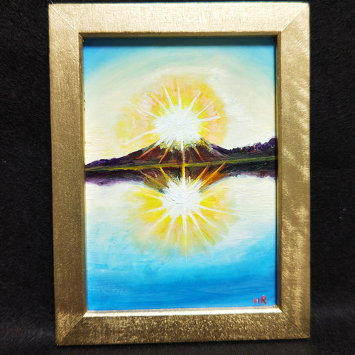 油絵 円形ミニ絵画【黄金富士山】 油絵 ミニ色紙絵画【黄金富士山】原画・一点物（インテリア