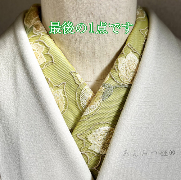 洗える刺繍半衿　柳色×淡黄蘗（うすきはだ）【ラスト】 1枚目の画像