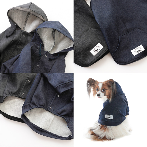 ENTRAMBI 岡山デニム 犬服 パーカー リジット デニム 日本製 小型犬 インディゴプレーン 5枚目の画像