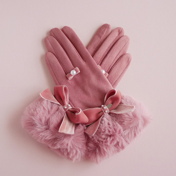 【即納1点のみ】リボンとファーの手袋Lサイズ（ピンク）ラビットファー　ベルベット　パール　グローブ　スエード 2枚目の画像